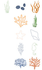 Hand drawn art illustration set of cartoon underwater life