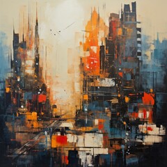 An abstract cityscape in tones of blue and orange.