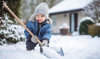 Fototapeta na wymiar Little Boy Enjoying Winter Wonderland With His Trusty Shovel
