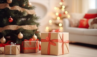 Fototapeta na wymiar Festive Holiday Decorations Sparkling Underneath a Beautifully Decorated Christmas Tree
