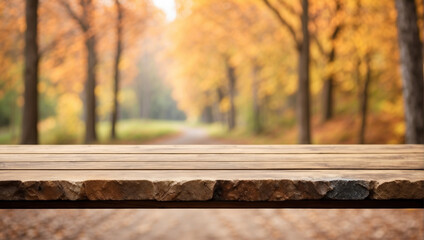Naklejka na ściany i meble Stone podium table top outdoors blur of autumn forest 