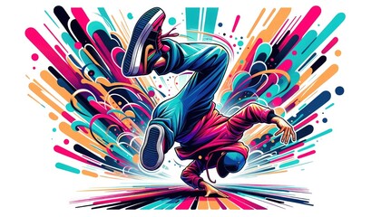 A breakdancer performing a bottom break, viewed from a low angle, emphasizing the movement and energy, Illustration in vibrant colors. - obrazy, fototapety, plakaty