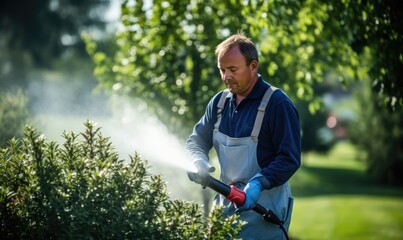 Man Trimming Hedge With Apron and Gardening Tools