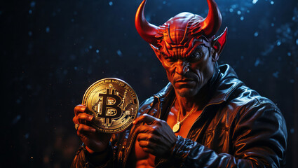 A devil with a big Bitcoin in his hands. - obrazy, fototapety, plakaty