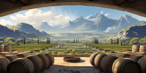 Piękny widok na górski krajobraz z winiarni z beczkami pełnymi wina. - obrazy, fototapety, plakaty