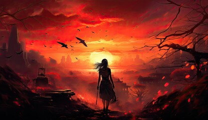 Azjatycka wojowniczka na tle zachodzącego słońca i czerwonego nieba. 