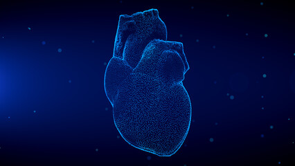 Blue Shine Front View 3d Human Heart Hologram With Light Flare Glitter Particles - obrazy, fototapety, plakaty