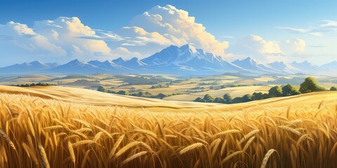 Krajobraz pól uprawnych pszenicy i innych zbóż - obrazy, fototapety, plakaty