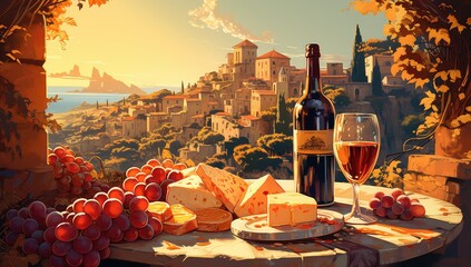 Włoskie śniadanie z winem i deską serów na tle wiejskiego krajobrazu. 