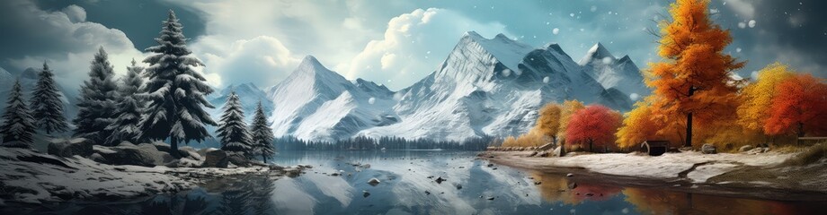Widok na piękne górskie szczyty pokryte śniegiem i górskie jezioro w jesiennym lesie.  - obrazy, fototapety, plakaty