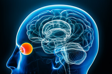 Eye x-ray profile close-up view 3D rendering illustration with body contours. Human brain anatomy, medical, biology, science, neuroscience, neurology, ophthalmology concepts.