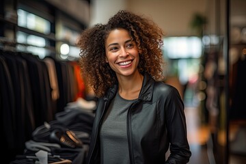 Czarnoskóra kobieta na zakupach w sklepie z ubraniami.  - obrazy, fototapety, plakaty