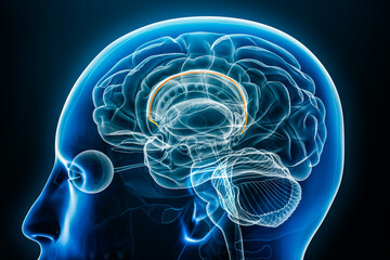 Indusium griseum x-ray profile close-up view 3D rendering illustration with body contours. Human brain and limbic system anatomy, medical, biology, science, neuroscience, neurology concepts.