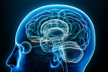 Olfactory tract with nerve and bulb x-ray profile close-up view 3D rendering illustration with body contours. Human brain and limbic system anatomy, medical, science, neuroscience, neurology concepts.