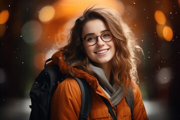 Dziewczyna w pomarańczowej zimowej kurtce z plecakiem podróżująca i zwiedzająca świat.  - obrazy, fototapety, plakaty