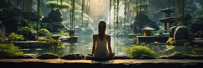 Kobieta medytująca w azjatyckim ogrodzie zen.  - obrazy, fototapety, plakaty