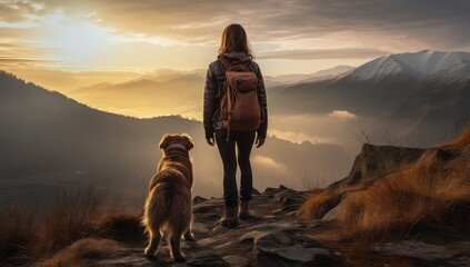 Dziewczyna z psem na szczycie góry. 