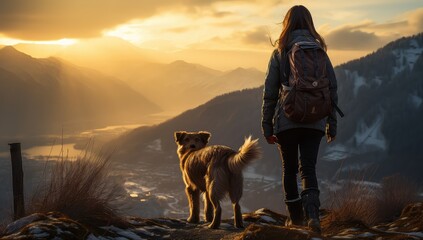 Dziewczyna z psem na szczycie góry.  - obrazy, fototapety, plakaty