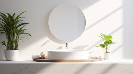White bathroom interior design, countertop washbasin with faucet on white counter and round mirror in modern minimal washroom, front view with sunlight, 3D illustration. - obrazy, fototapety, plakaty