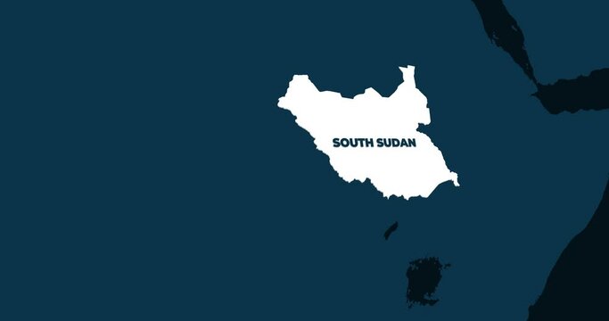 World Map Zoom In To South Sudan. Animation in 4K Video. White South Sudan Territory On Dark Blue World Map