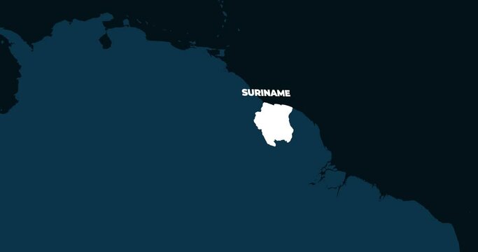 World Map Zoom In To Suriname. Animation in 4K Video. White Suriname Territory On Dark Blue World Map