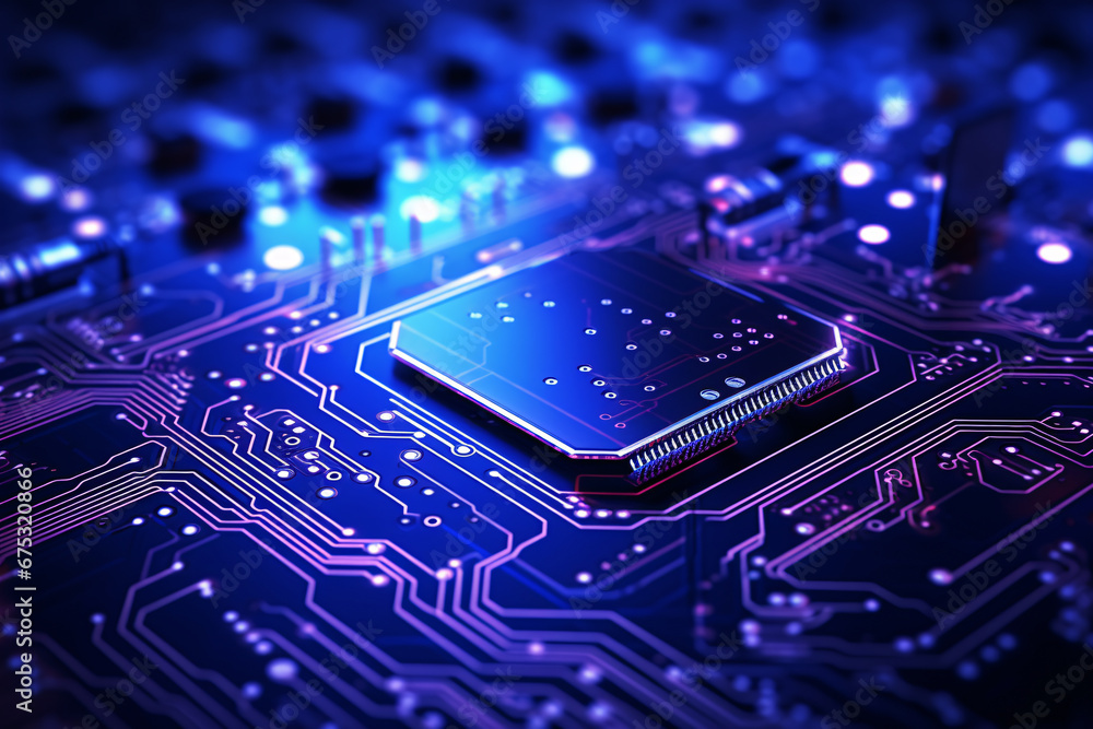 Aufkleber digital circuit board microprocessor motherboard computer hardware neon purple and blue glowing ligh