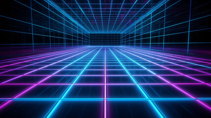 Cyan blue and purple grids neon glow light lines design on perspective floor, creativity, digital, internet, cyberpunk, virtual reality concept, hi tech abstract background. - obrazy, fototapety, plakaty