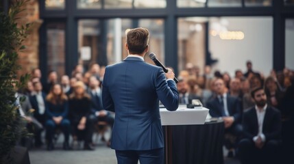 backside of business man holding speech
