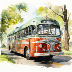 watercolor Bus vehicle clipart, Generative Ai