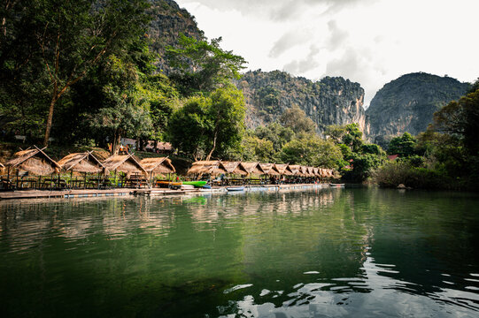Tha Farang, a tourist attraction for swimming, eating, and relaxing surrounded by limestone mountains, is in Thakhek, Khammouane Province, Laos, 28 October 2023.