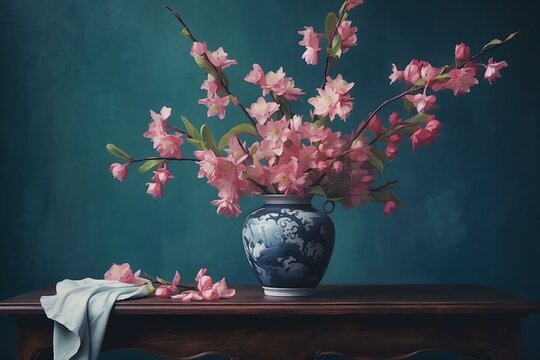 A painting containing pink flowers in a blue vase on a table. Generative AI