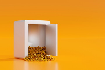 Opening steel safe box with gold coin falling out, security bank safe, 3D rendering.