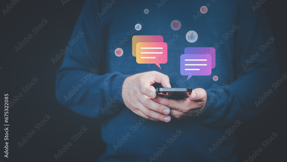 Poster Social media application chat box. Young man using a smartphone with social media, typing live chat chatting on application communication digital website and social network concept.