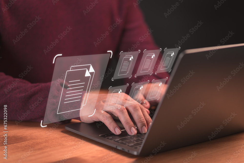 Aufkleber Employee use a computer laptop to manage digital documents, document management concepts, online document database and digital file storage, database technology, and recording software.