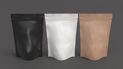 Black, craft and white packaging pouches mockup for tea, coffee, snack on gray background