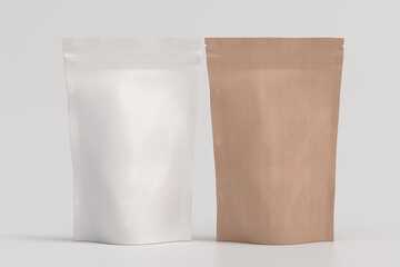 White and craft packaging pouches mockup for tea, coffee, snack on white background