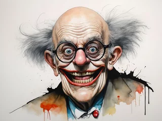 Fotobehang Very funny portrait, weerd caricature of a clown, illustration, comic, poster and tshirt mockup © ArtistiKa
