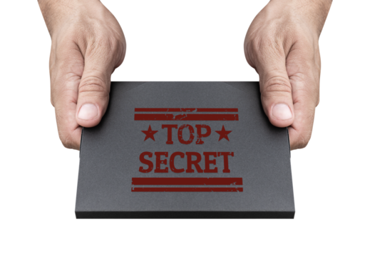 Hand hold black document envelope stamped top secret icon