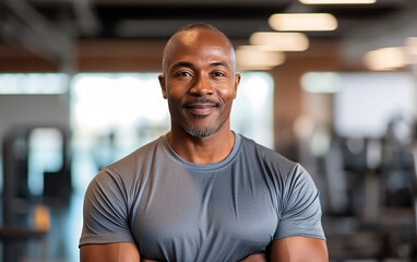 Portrait Of Handsome Muscular Man Posing In Gym. Fitness Trainer Standing In Modern Sport Club Interior. Gym, fitness and portrait of proud man, motivation, health and energy for training.