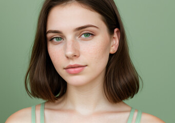 Fototapeta premium Close-up portrait of a brunette woman on green backplate