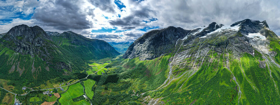 Aerial view of crystal clear reflection of the Fjords and mountains in Norway lake