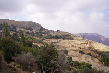 Fototapeta na wymiar Treking route of beautiful meadow landscape with mountain background in Dana Valley