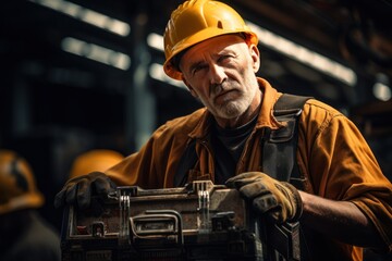 Repairman holding a toolbox and hard hat