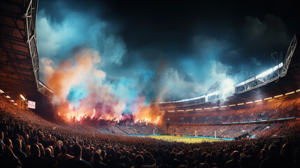 Stadium Alive with Flares and Fans - obrazy, fototapety, plakaty