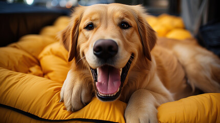 Obraz premium Happy Golden Retriever on Yellow Cushion