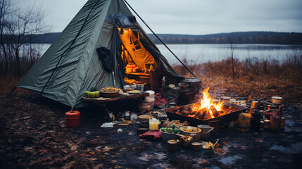 Lakeside Camping with Cozy Campfire