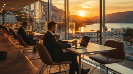 Fototapeta premium Businessman Working During Sunset