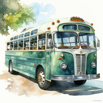 watercolor Bus vehicle clipart, Generative Ai