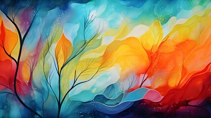 Abstract art autumn background with watercolor leaves, oil on canvas, acrylic, modern art, rough brushstrokes of paint, painted background with bright colors	