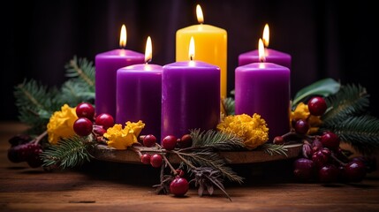 Obraz na płótnie Canvas Handmade Beeswax Candles on Advent Wreath, Traditional Festive Decoration